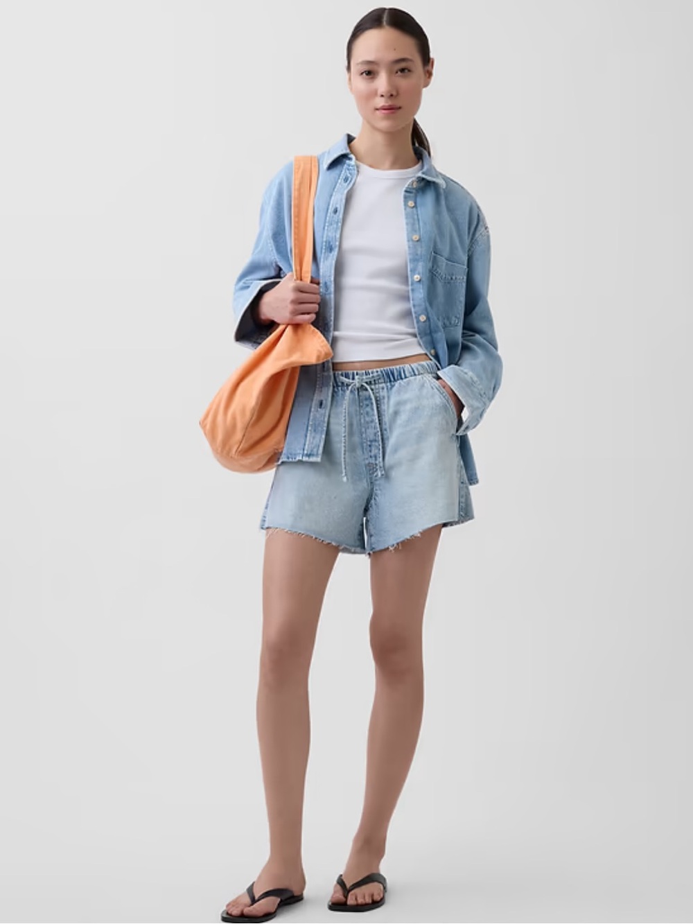 GAP UltraSoft Low Slung Easy Denim Drawstring Shorts with Raw Hem